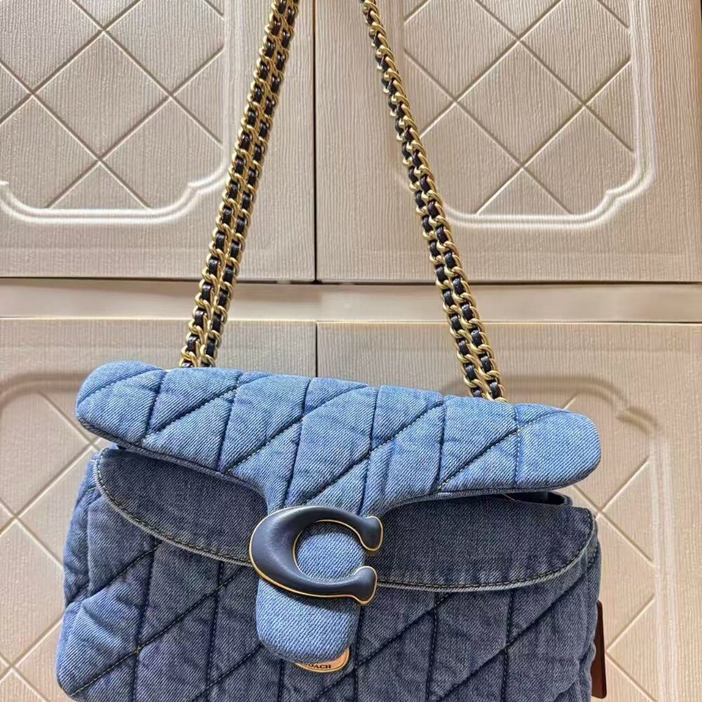 COACH Tabby Quilted Gold Logo Chain Denim Shoulder Bag - Picture 3 of 5